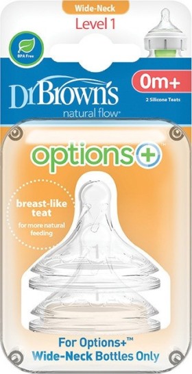 Dr. Browns Θηλές Για Μπιμπερό Options+ Με Φαρδύ Λαιμό 0m+ 2τμχ