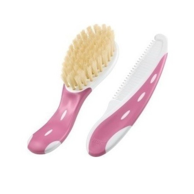 Nuk Baby Brush with Comb Σετ Βούρτσα από Φυσική Τρίχα & Χτένα Ροζ 2 τεμ